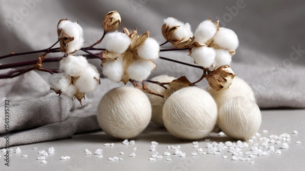 Obraz Top view composition of soft cotton baby balls paired with cotton flowers