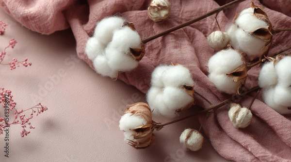 Obraz Top view composition of soft cotton baby balls paired with cotton flowers