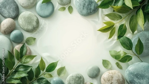 Fototapeta Natural arrangement of smooth sea pebbles and scattered leaves on a sandy surface with copy space, creating a serene, minimalist composition perfect for themes of relaxation, nature, and tranquility
