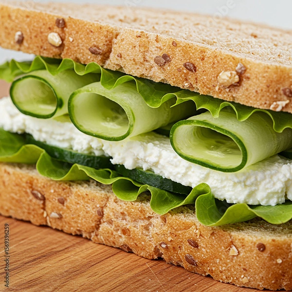 Fototapeta Delicious Cucumber and Feta Sandwich on Whole Wheat Bread