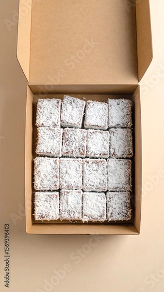 Fototapeta A delicious assortment of brownies in a cardboard box, perfect for sharing or indulging in a sweet treat.