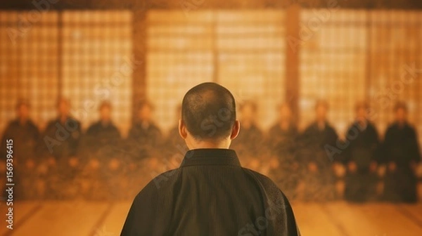 Obraz Monk Meditating in Japanese Dojo Before Audience