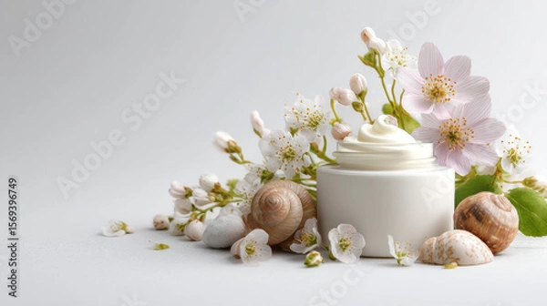 Obraz White background featuring cosmetic jar with cream, snails, and decorative flowers