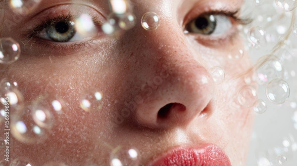 Obraz Womanâ€™s face partly covered in soap bubbles over a white backdrop