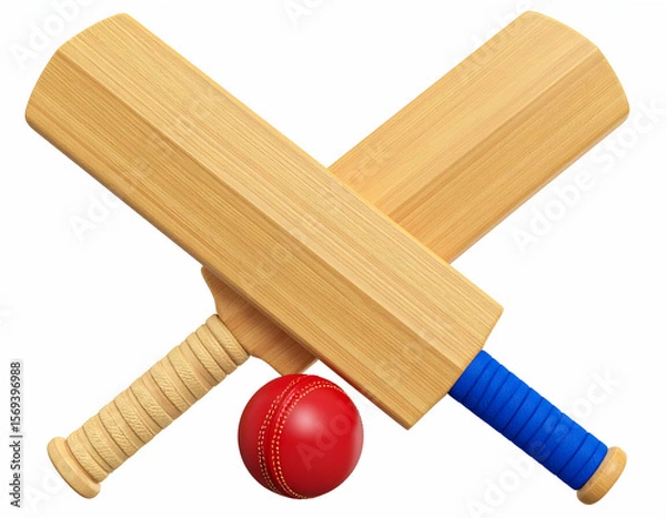 Fototapeta Two crossed cricket bats behind a red ball hinting at victory and fierce competition in daylight