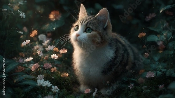 Obraz Cute cat in sunlit garden