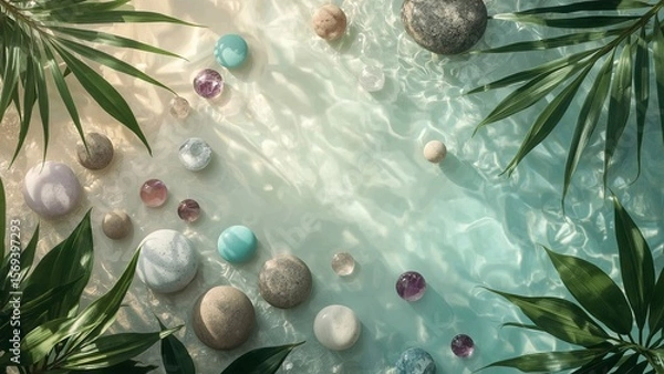 Fototapeta Natural arrangement of smooth sea pebbles and scattered leaves on a sandy surface with copy space, creating a serene, minimalist composition perfect for themes of relaxation, nature, and tranquility
