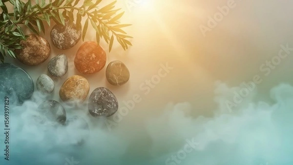 Fototapeta Natural arrangement of smooth sea pebbles and scattered leaves on a sandy surface with copy space, creating a serene, minimalist composition perfect for themes of relaxation, nature, and tranquility
