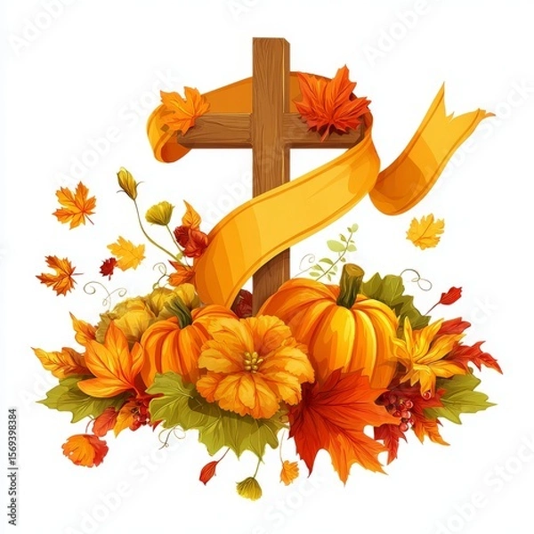 Fototapeta thanksgiving background with a cross and autumn leaves vector art illustration. a cross with autumn leaves and pumpkins. a cake shaped like a giraffe