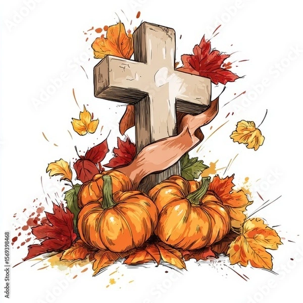 Fototapeta vector illustration of a thanksgiving background with pumpkins and fallen leaves.. a cross surrounded by autumn leaves and pumpkins. a painting of a c