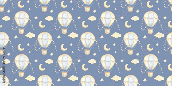 Fototapeta Seamless pattern with watercolor hot air balloon and moon on blue background . Hand drawn illustrations for kids and baby