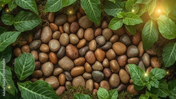 Fototapeta Natural arrangement of smooth sea pebbles and scattered leaves on a sandy surface with copy space, creating a serene, minimalist composition perfect for themes of relaxation, nature, and tranquility

