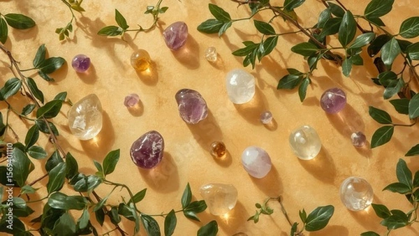 Fototapeta Natural arrangement of smooth sea pebbles and scattered leaves on a sandy surface with copy space, creating a serene, minimalist composition perfect for themes of relaxation, nature, and tranquility
