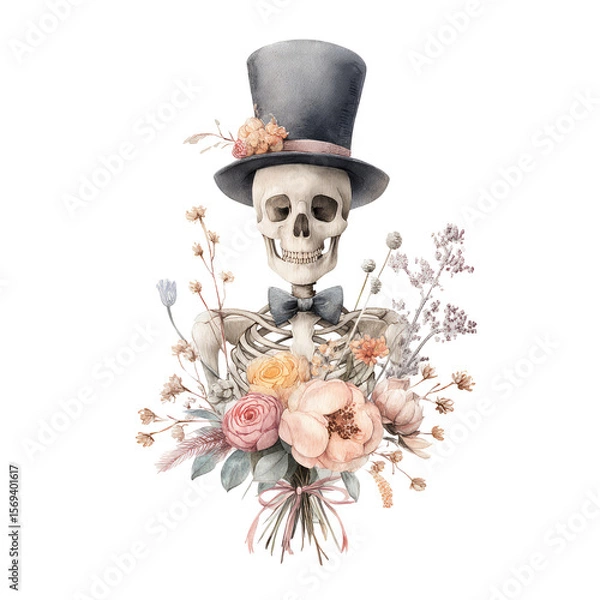 Obraz Lovely Watercolor Illustration of a Cute Skeleton Wearing a Hat Surrounded by Beautiful Flowers