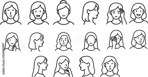 Fototapeta Minimalist Hairstyle and Head Pose Line Art Set Line Art Reference Set – Hairstyles, Angles & Expressions