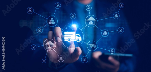 Fototapeta Smart Logistics and Modern Supply Chain Management. A businessman interacts digital ecosystem of parcel delivery, warehousing, and e-commerce, global shipping efficiency. AI, IoT, Big Data, transport.