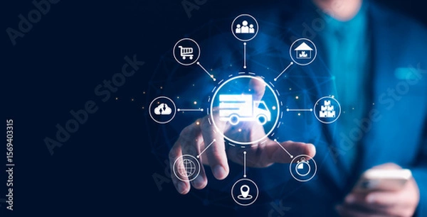 Fototapeta Smart Logistics and Modern Supply Chain Management. A businessman interacts digital ecosystem of parcel delivery, warehousing, and e-commerce, global shipping efficiency. AI, IoT, Big Data, transport.