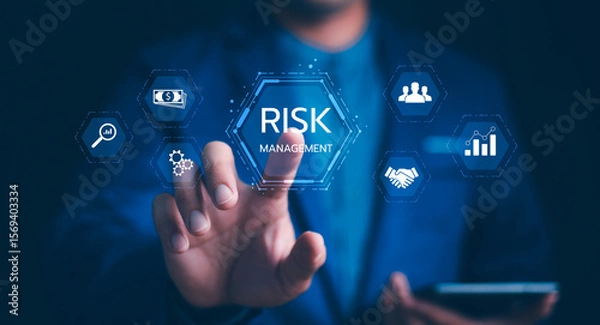 Fototapeta Risk Management: Navigating future business challenges with strategic solutions. Businessman with a digital risk assessment, financial protection, data analysis, for business continuity and security.