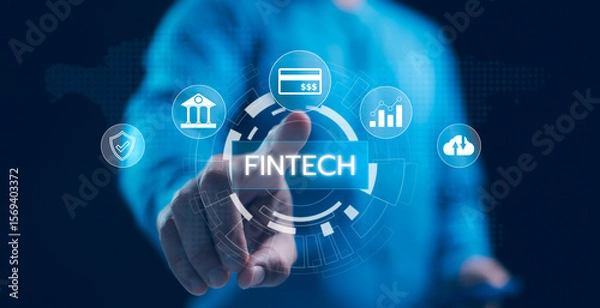 Fototapeta Fintech: Digital finance innovation. Businessman presents future banking, investments, and secure transactions via advanced tech like AI, Blockchain, Cloud Computing, convenient financial services.