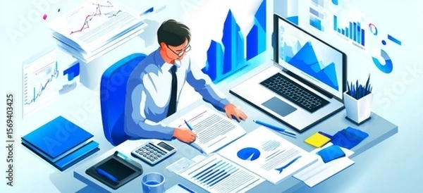 Fototapeta an illustration of a man sitting at a desk in an office.. a man in a suit is working on a laptop. a man working on a computer at a desk