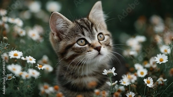 Fototapeta Tabby kitten in daisy field