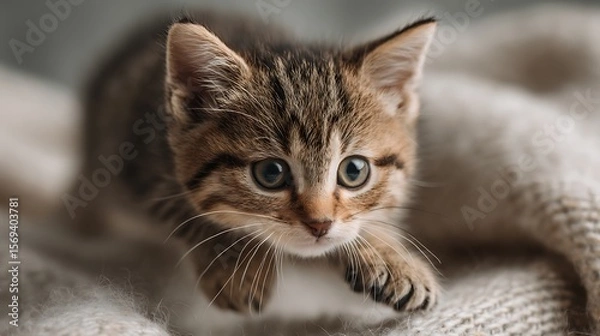 Fototapeta Tabby kitten ready to pounce
