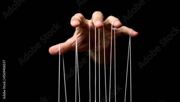 Obraz Hand closeup pulling strings, manipulating, controlling. Authority concept.