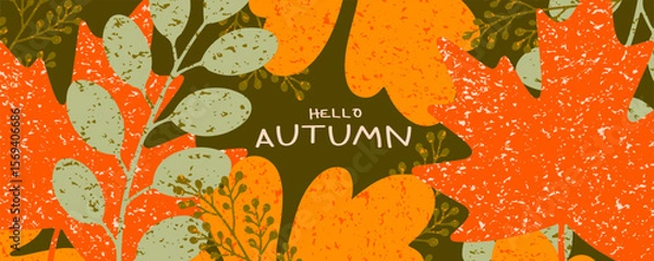 Fototapeta Trendy art style abstract autumn poster or cover with bright beautiful leaves, plants, nature shapes pattern. Fall background template for advertising, web, social media, Sale banner, or flyer design.
