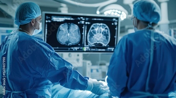 Fototapeta Neurosurgeons reviewing brain scan during surgery.