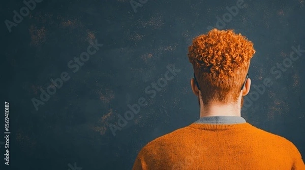 Obraz Man with Curly Red Hair Wearing Orange Sweater, Back View