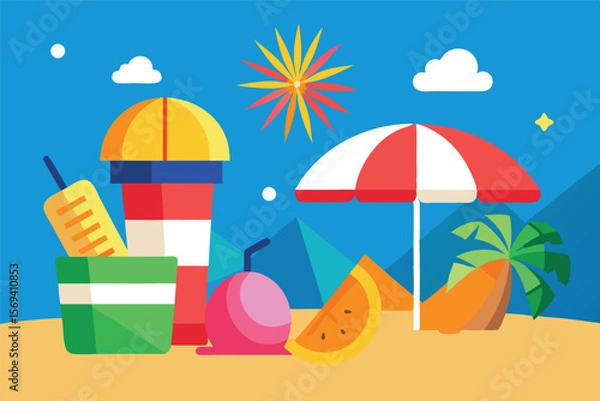 Fototapeta Vibrant beach elements feature colorful drinks, umbrella, fruit, and palm against a blue sky