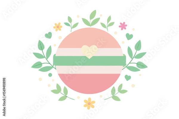 Fototapeta Pastel striped circle featuring a heart is surrounded by leaves and flowers on white