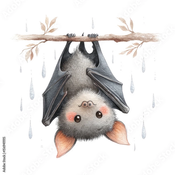 Obraz Playful Bat with Rosy Cheeks Hanging Upside Down from Branch in a Whimsical Setting