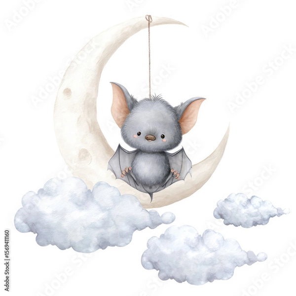 Obraz Adorable Cartoon Bat Hanging Upside Down from a Crescent Moon with Soft Clouds in a Dreamy Night Sky Illustration