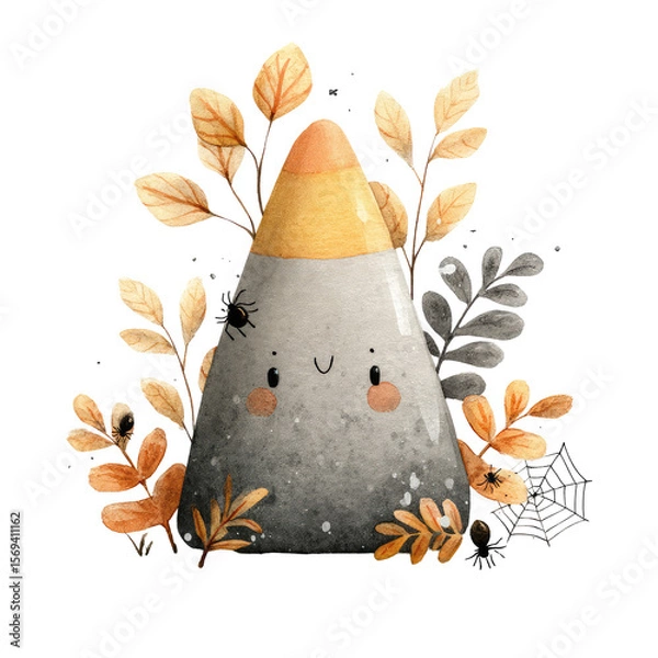 Obraz Smiling Candy Corn Character Surrounded by Leaves and Spiderwebs, Perfect for Halloween-Themed Designs and Illustrations