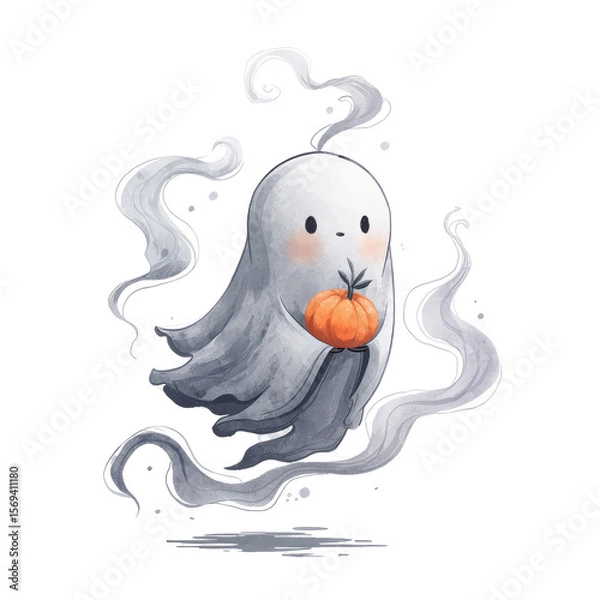 Obraz Whimsical Ghost Character Holding Tiny Pumpkin Surrounded by Mystical Whispers in a Playful Halloween Scene