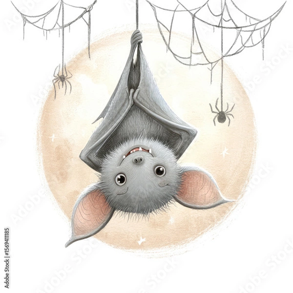 Obraz Lively Halloween Bat Hanging Upside Down Surrounded by Webs and Spiders in a Whimsical Composition