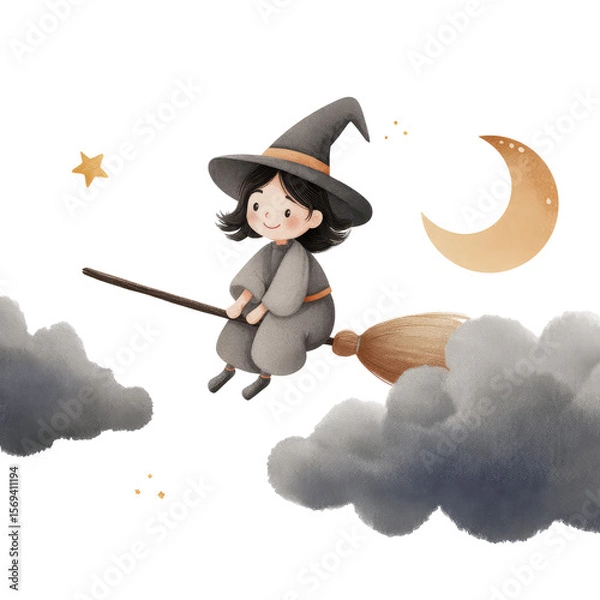 Obraz Cute Halloween Illustration of a Little Cuddly Witch Flying on a Broomstick with Stars and a Crescent Moon