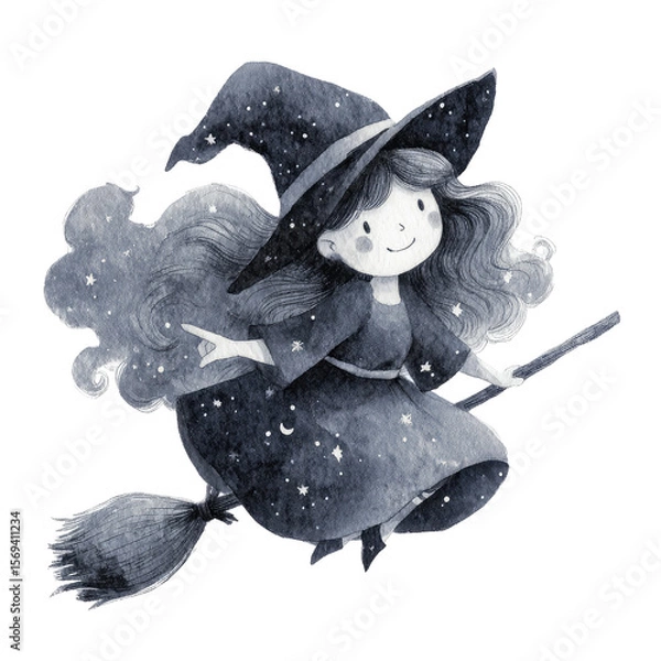 Obraz Enchanting Halloween Watercolor Illustration of a Joyful Witch on a Broomstick with Starry Background