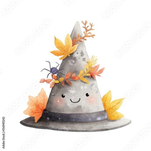 Obraz Whimsical Halloween Watercolor Illustration of a Smiling Witch Hat Surrounded by Autumn Leaves and a Friendly Spider