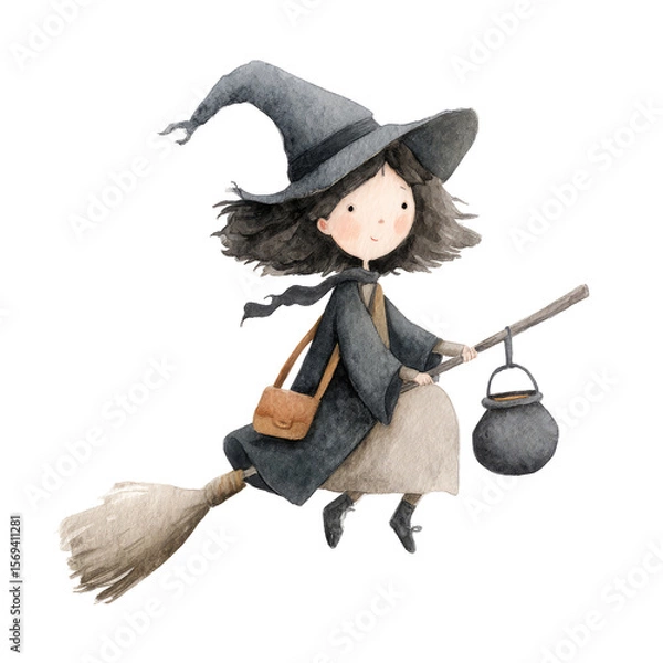 Obraz Charming Witch Illustration with Watercolor Details Ideal for Halloween Celebrations and Art Projects
