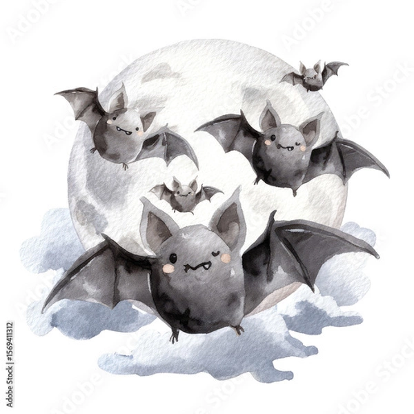 Obraz Friendly Halloween Bat Illustration in Watercolor Style with Moon and Clouds for Festive Decor
