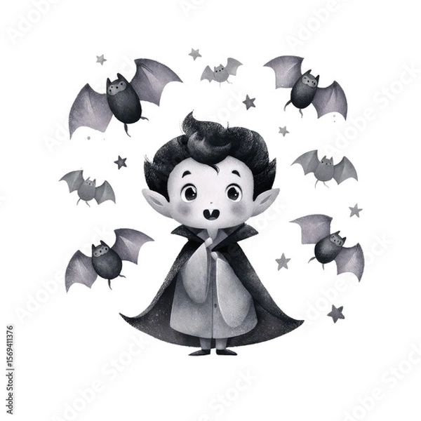 Obraz Playful Little Vampire Character Surrounded by Bats with a Whimsical Expression and Charming Look