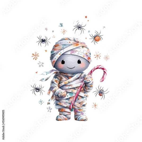 Obraz Colorful Mummy Character Wrapped in Bandages Holding Candy Cane Surrounded by Festive Elements