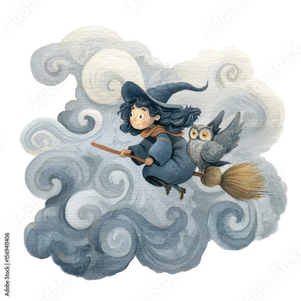 Obraz Enchanting Little Witch Flying on Broomstick with Owl Among Whimsical Clouds in a Magical Sky