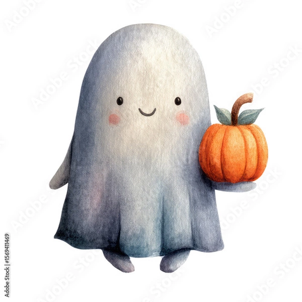 Obraz Charming Watercolor Illustration of a Friendly Ghost Holding a Pumpkin with a Playful Expression for Halloween Themes