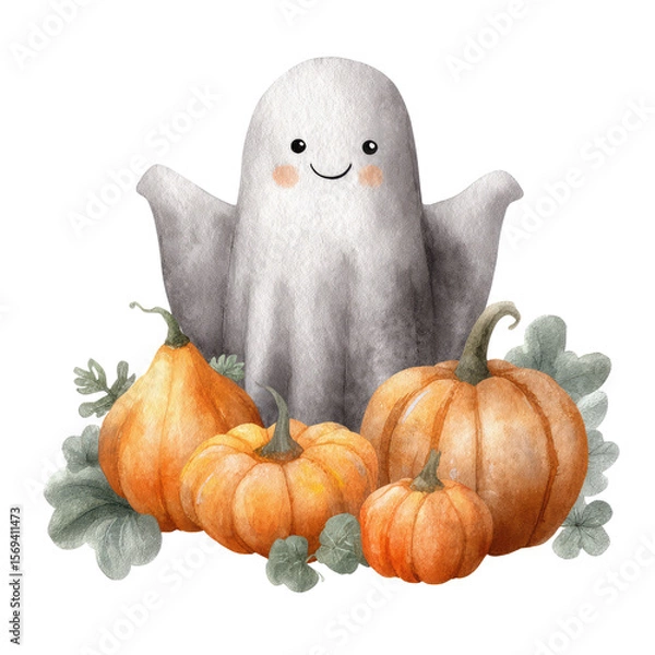 Obraz Cute Friendly Ghost Surrounded by Autumn Pumpkins in Watercolor Illustration for Seasonal Themes and Decorative Use