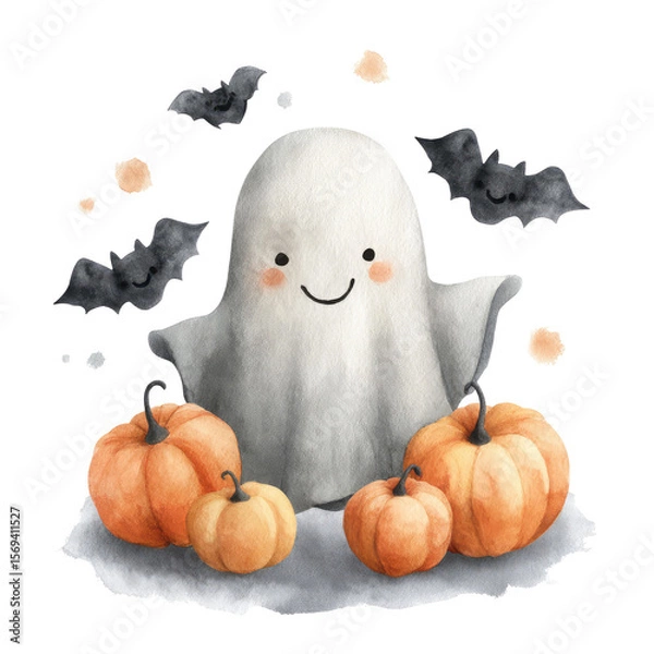 Obraz Friendly Ghost Surrounded by Pumpkins and Bats in Playful Watercolor Illustration