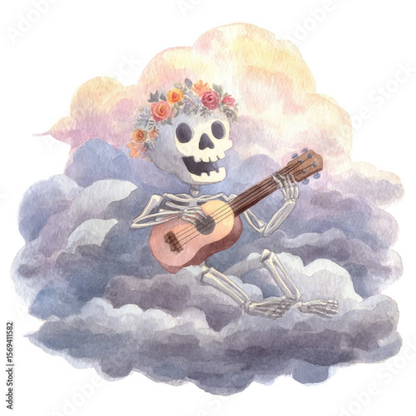 Obraz Whimsical Watercolor Illustration of a Friendly Skeleton Playing Music Surrounded by Clouds and Flowers