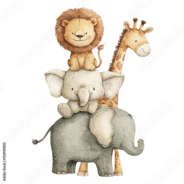 Obraz Cute Stack of Soft Watercolor Animals Featuring Lion, Elephant, and Giraffe in Non-Realistic Clipart Style for Children
